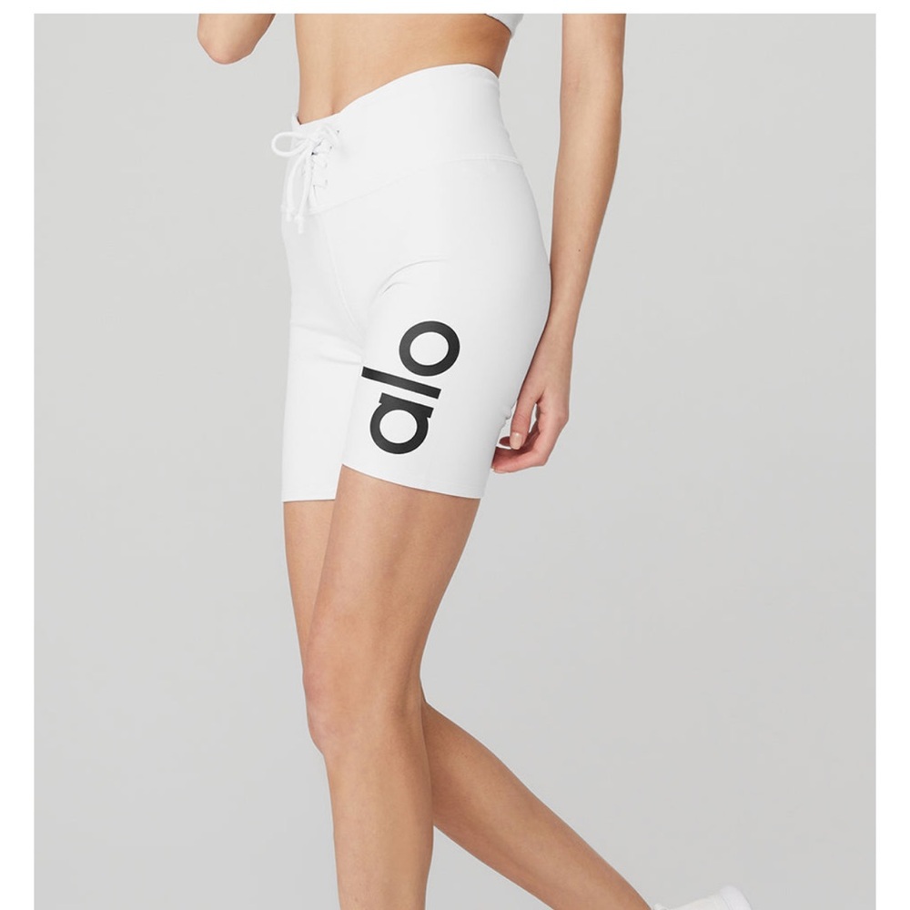 Alo white biker shorts with lace up detail